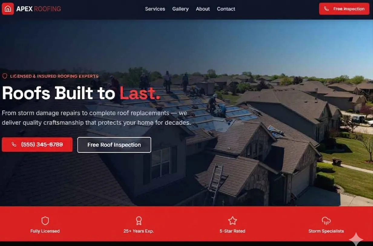 Full-page screenshot of the Apex Roofing sample website with storm damage estimates, before-and-after roof galleries, and free inspection booking