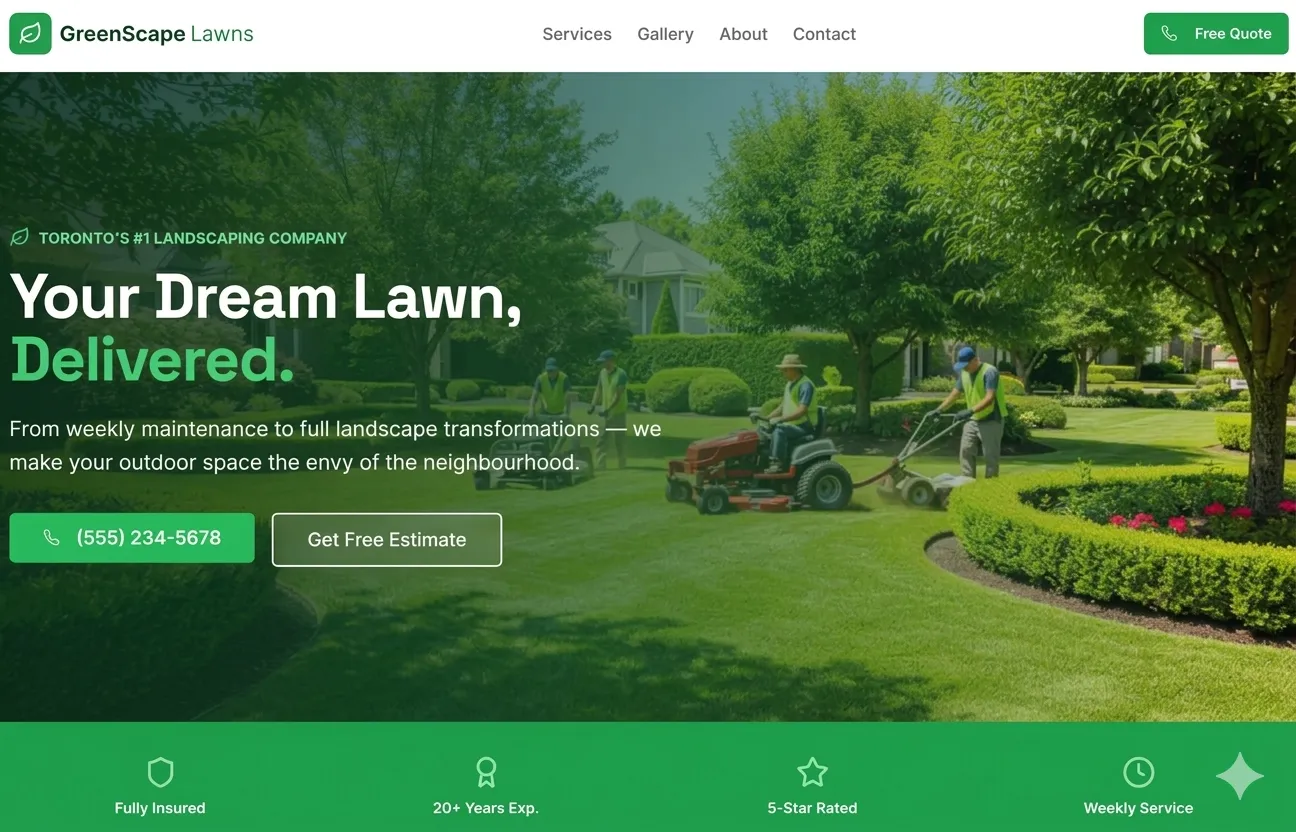 Full-page screenshot of the GreenScape Lawns sample website with a landscaping portfolio, seasonal services, and booking