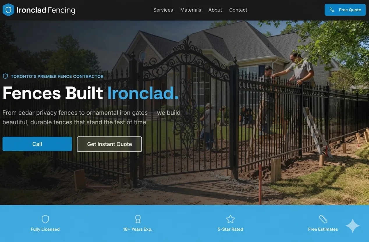 Full-page screenshot of the Ironclad Fencing sample website with fence material galleries, an instant quote calculator, and service areas
