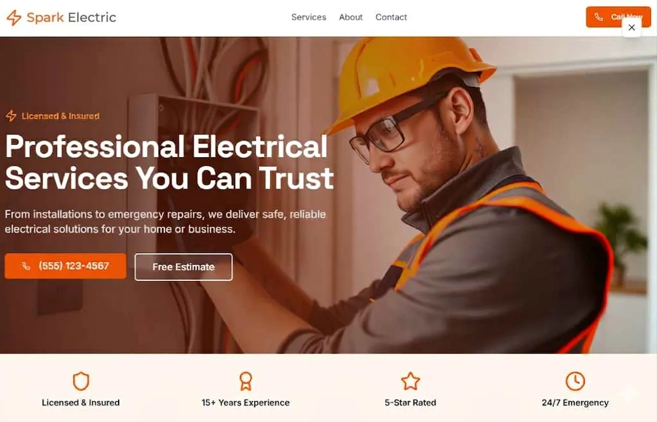 Full-page screenshot of the Spark Electric sample website with electrical service calculators and customer reviews
